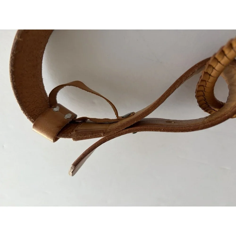 Linea Pelle Leather Triple Ring Belt Tan Woven Leather Sz M BOHO Festival‎